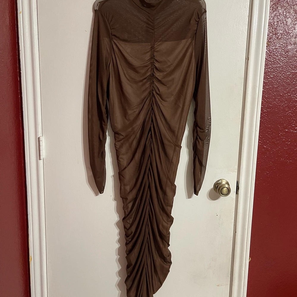 SHEIN Brown Ruched Bodycon Dress with Bishop Sleeves